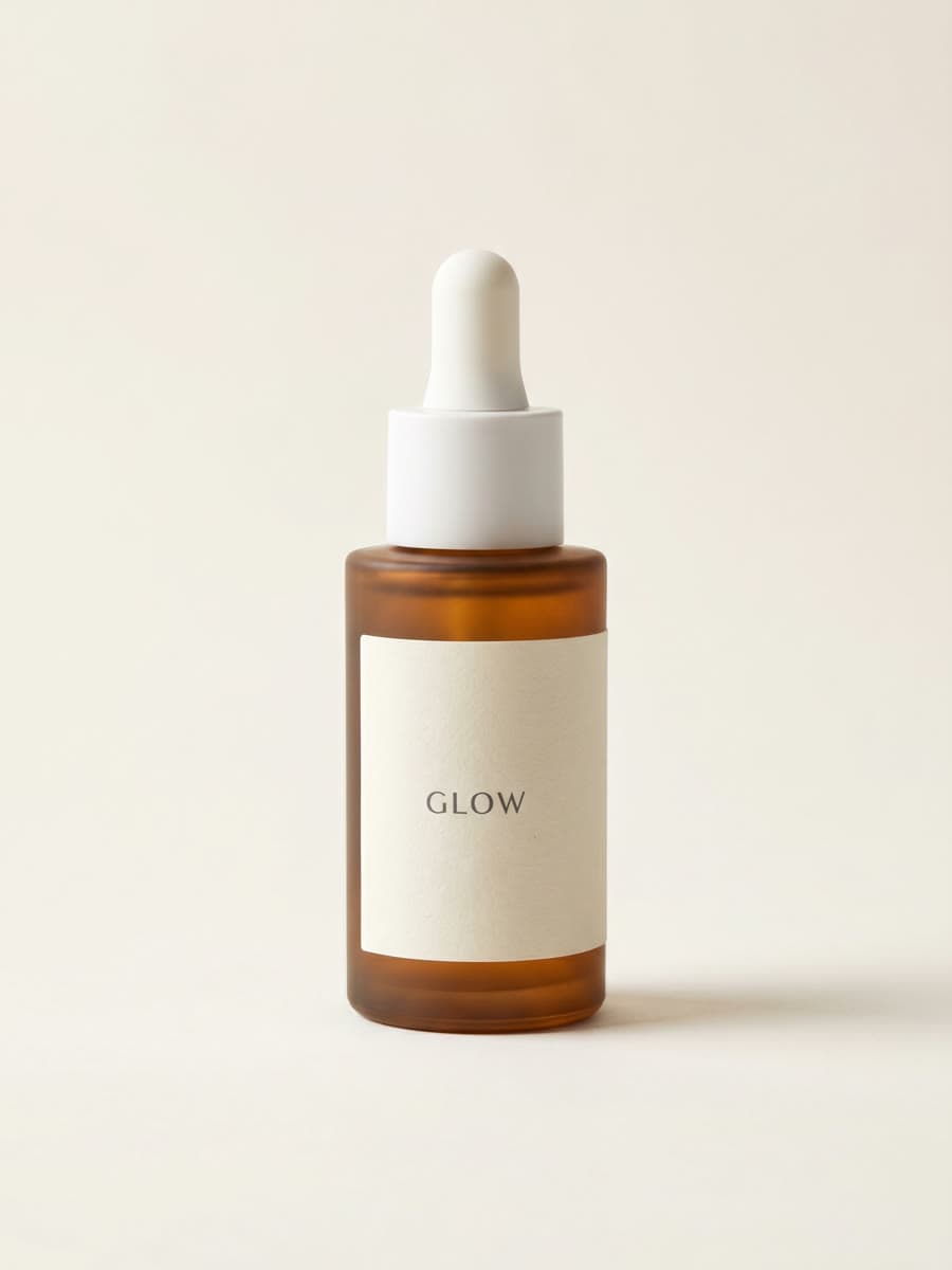 A frosted amber serum dropper bottle on a plain studio background — the kind of product photo you upload.