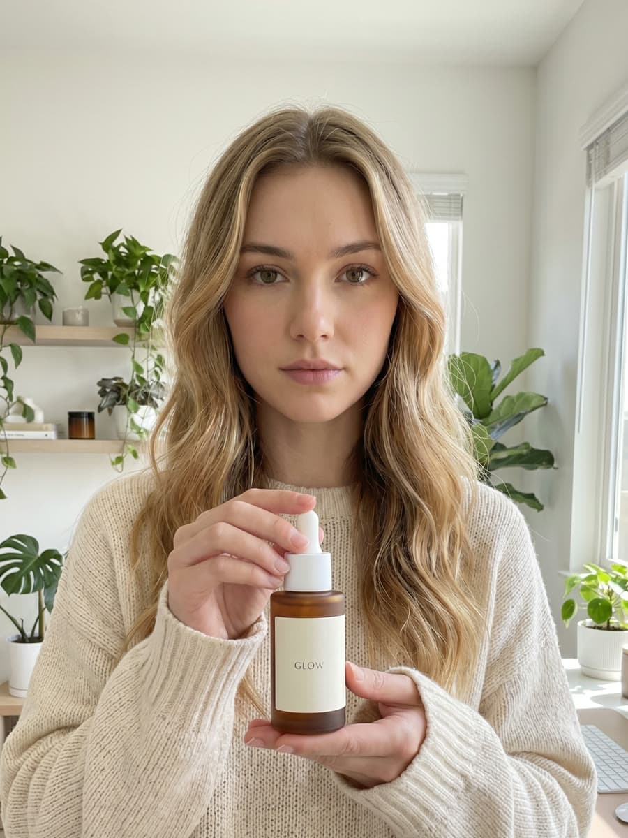 The AI character presenting that same serum bottle to camera in a bright home office — a still from the finished TikTok.